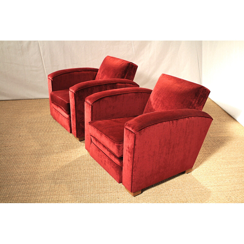 Paire de fauteuils club en velours rouge, Jacques ADNET - 1940