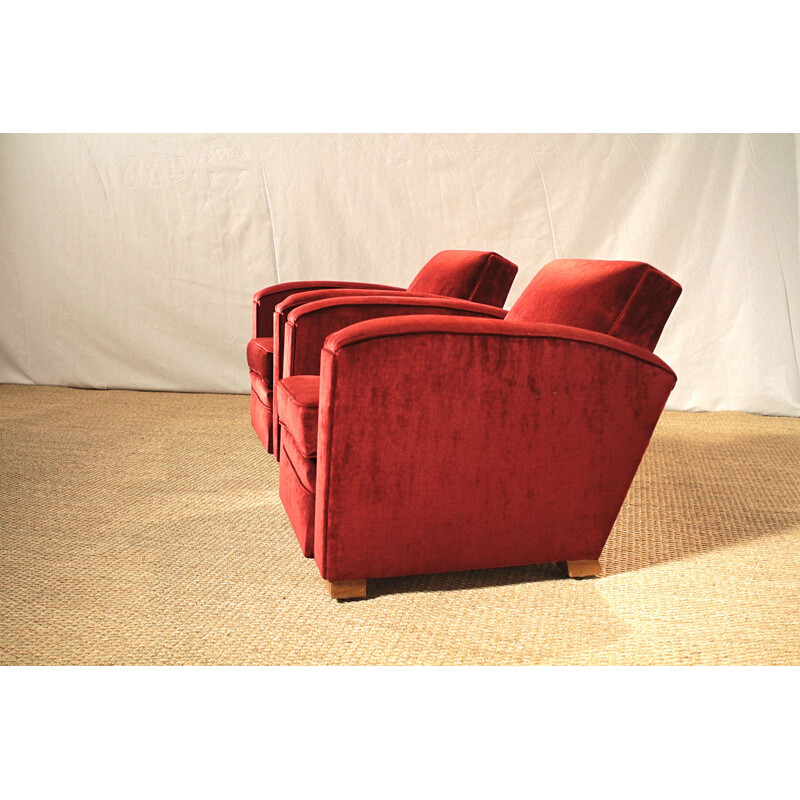 Pair of armchairs in red velvet, Jacques ADNET - 1940s