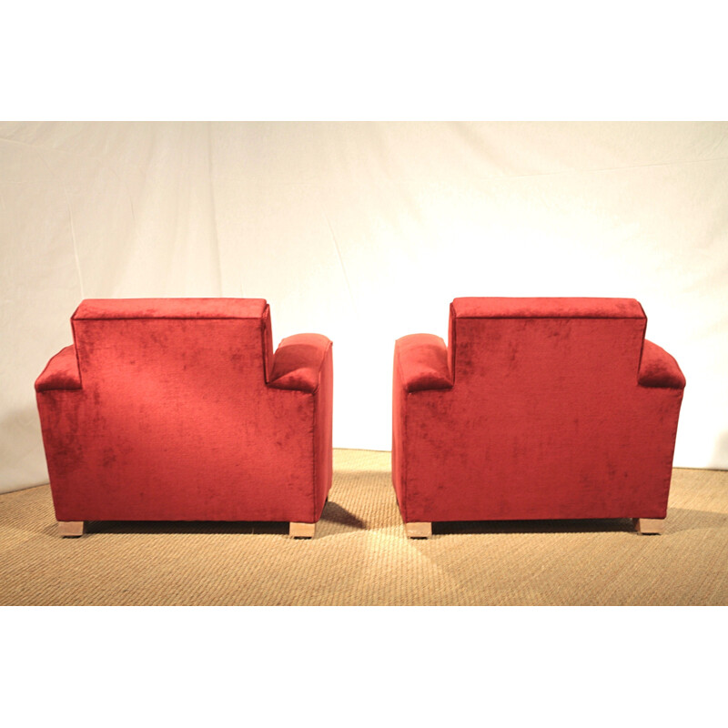 Pair of armchairs in red velvet, Jacques ADNET - 1940s