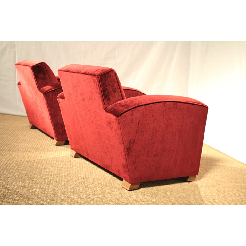 Pair of armchairs in red velvet, Jacques ADNET - 1940s