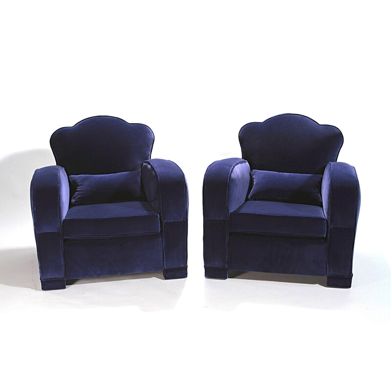 Pair of armchairs in blue velvet - 1940s