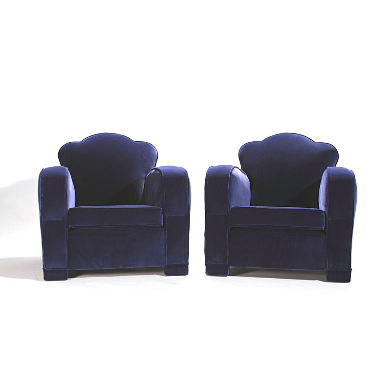 Paire de fauteuils clubs en velours bleu - 1940