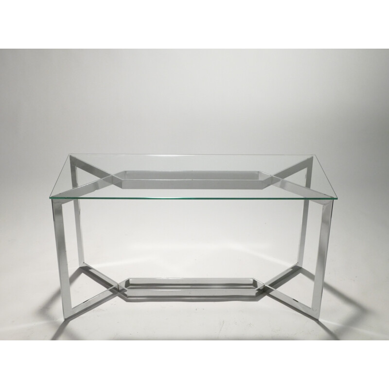 chromed side table in white glass by Paul Legeard - 1970s
