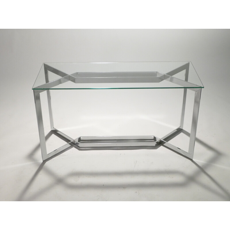 Console chromée et plateau en verre blanc de Paul Legeard - 1970