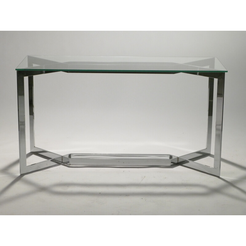 chromed side table in white glass by Paul Legeard - 1970s