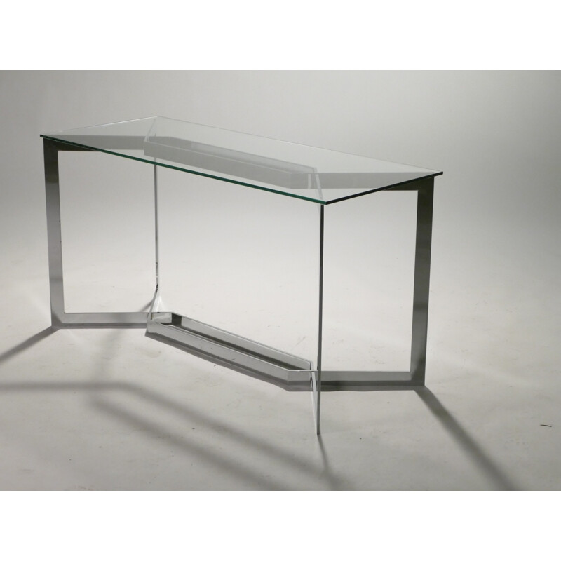 chromed side table in white glass by Paul Legeard - 1970s