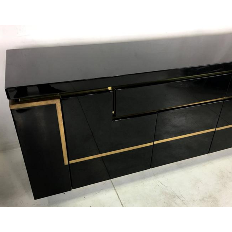 Mid-century brass black sideboard by JC Mahey for Roche Bobois - 1970s