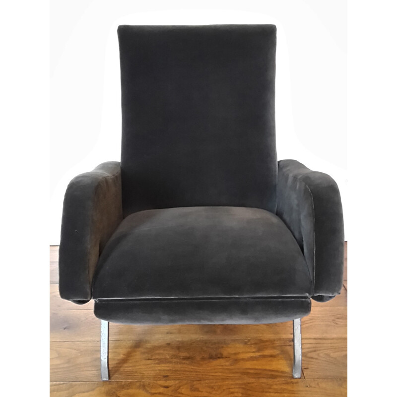 Italian reclining armchair in grey velvet - 1950s