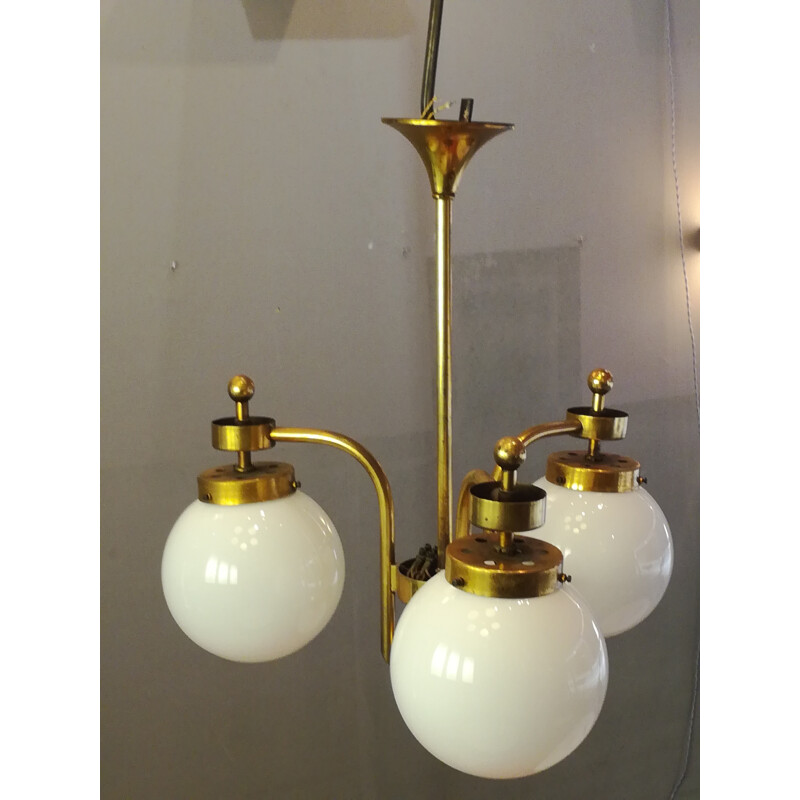 Chandelier with 3 branches in brass and opaline glass in a bistro style - 1970s
