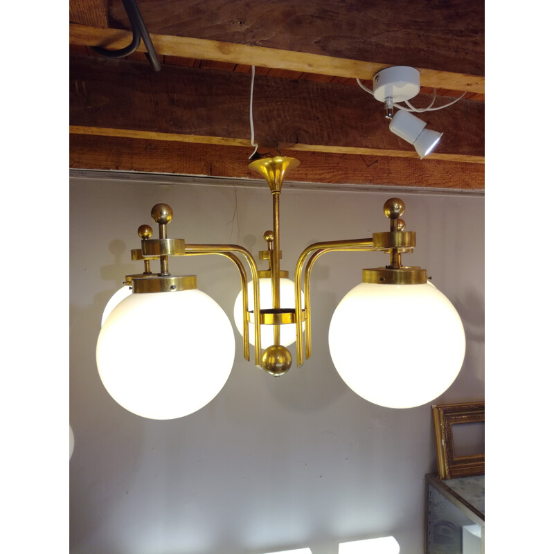 Opaline and brass bistro-style chandelier with 5 arms - 1970s