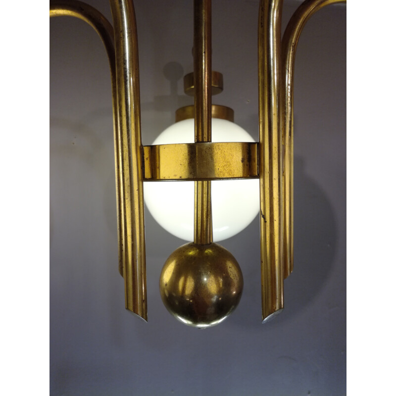 Opaline and brass bistro-style chandelier with 5 arms - 1970s