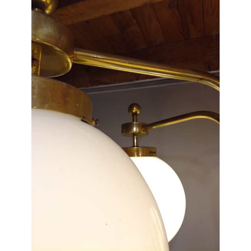 Opaline and brass bistro-style chandelier with 5 arms - 1970s