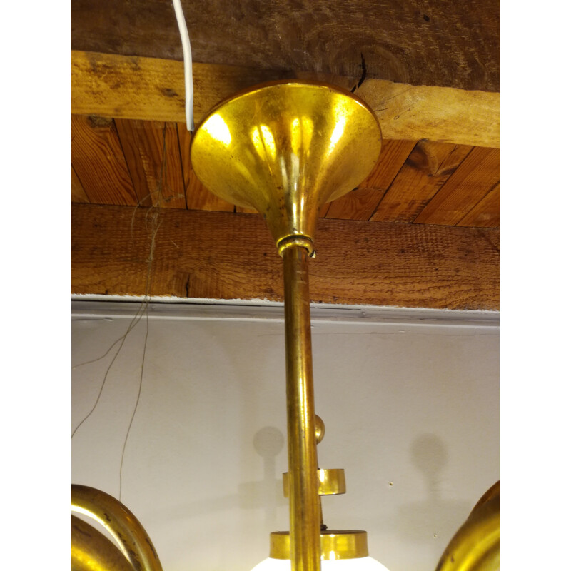 Opaline and brass bistro-style chandelier with 5 arms - 1970s