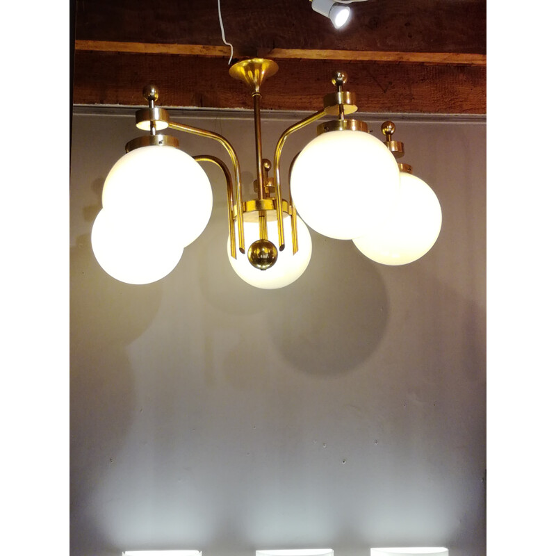 Opaline and brass bistro-style chandelier with 5 arms - 1970s