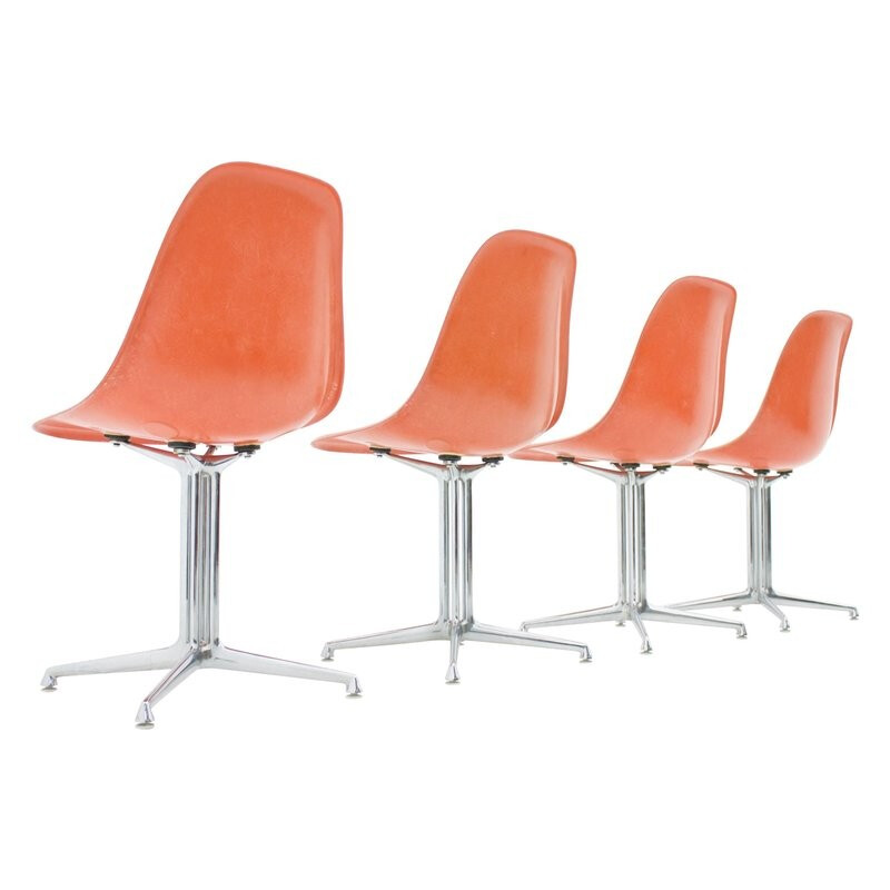 Set of 4 fiberglass side chairs with La Fonda Base by Charles & Ray Eames - 1960s