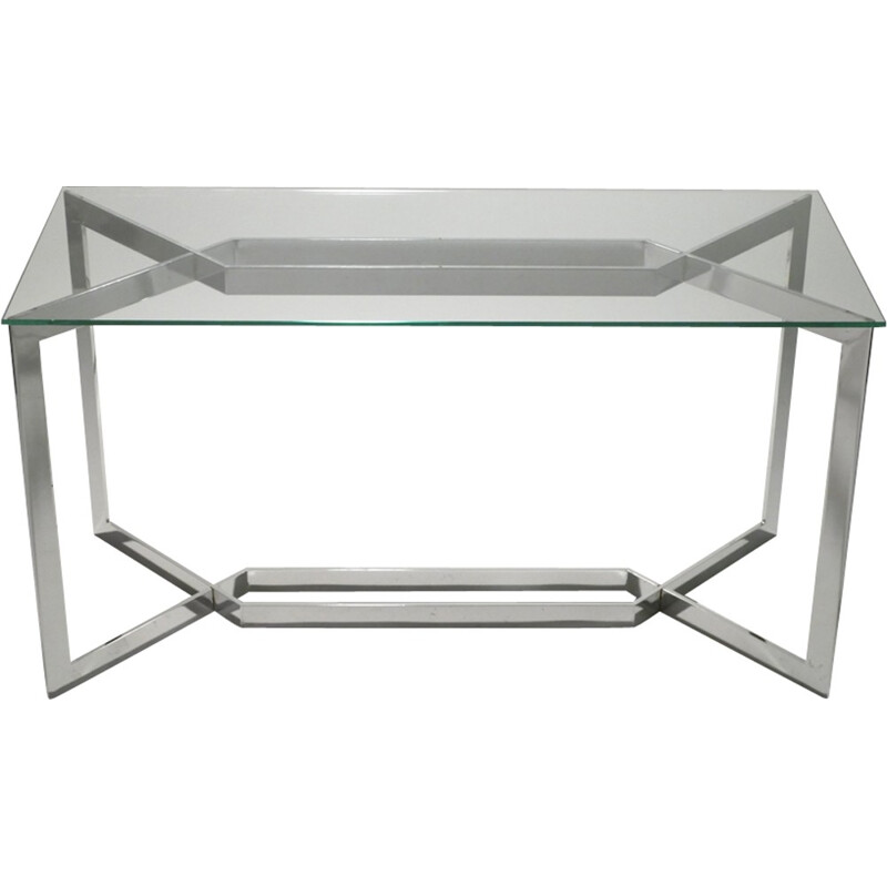 chromed side table in white glass by Paul Legeard - 1970s