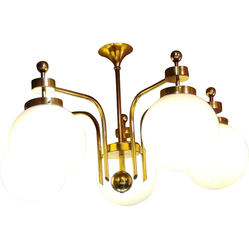 Opaline and brass bistro-style chandelier with 5 arms - 1970s