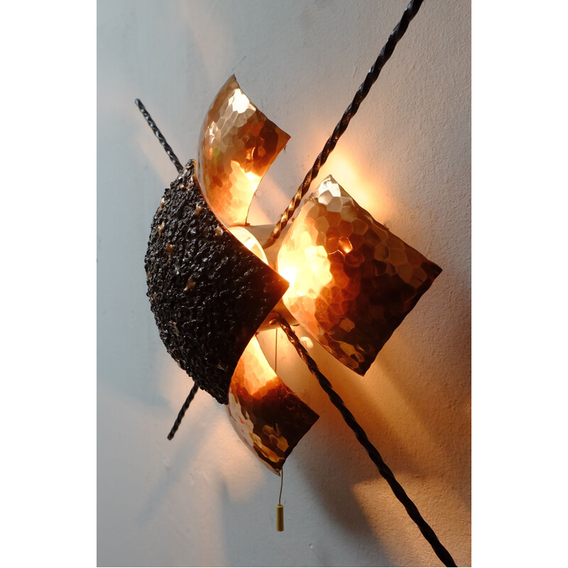 Vintage brutalist copper and iron wall lamp - 1960s