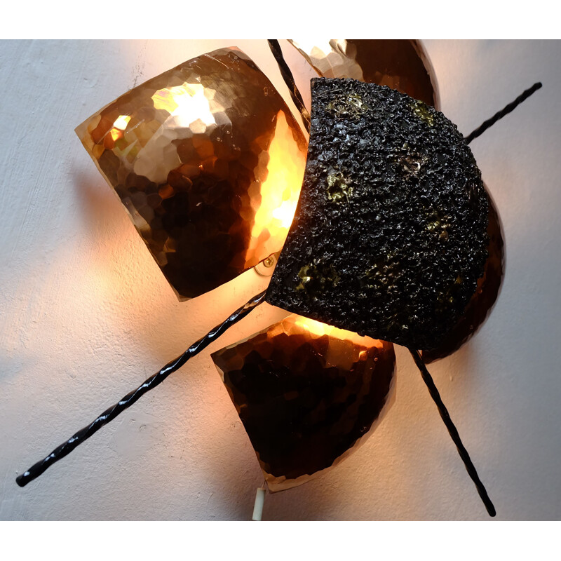 Brutalist copper and iron wall lamp - 1960s