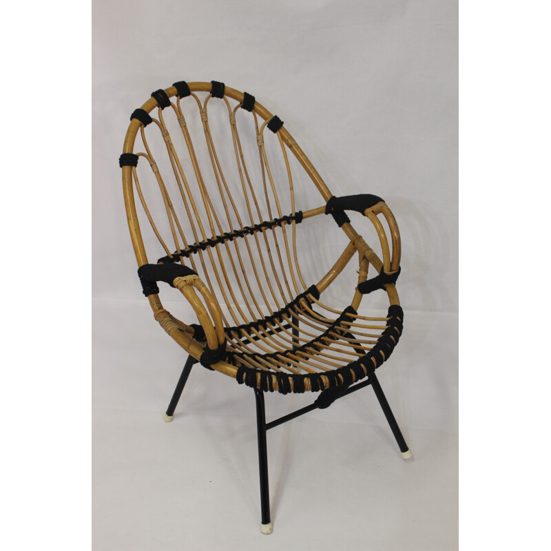 Vintage rattan and rope armchair - 1960s