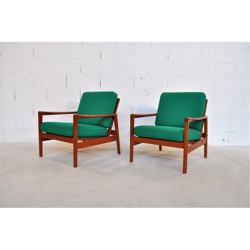 Pair of bleu green "563" armchairs in teak, Hans OLSEN - 1960s