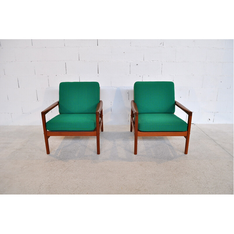 Paire de fauteuils "563" en teck bleu  vert, Hans OLSEN - années 60
