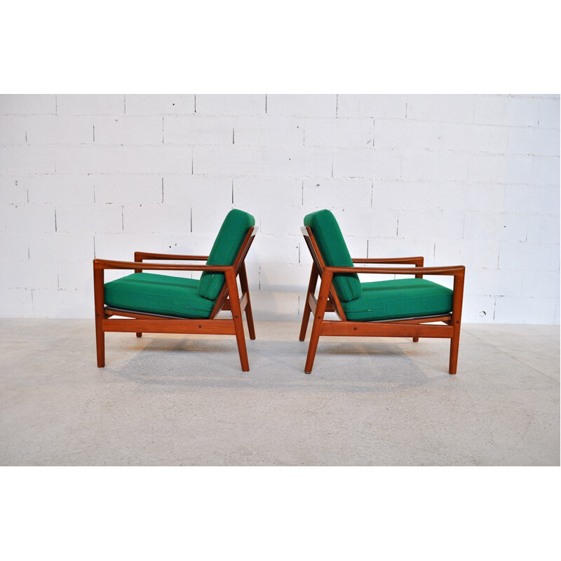 Pair of bleu green "563" armchairs in teak, Hans OLSEN - 1960s