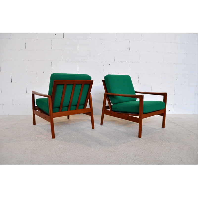 Pair of bleu green "563" armchairs in teak, Hans OLSEN - 1960s