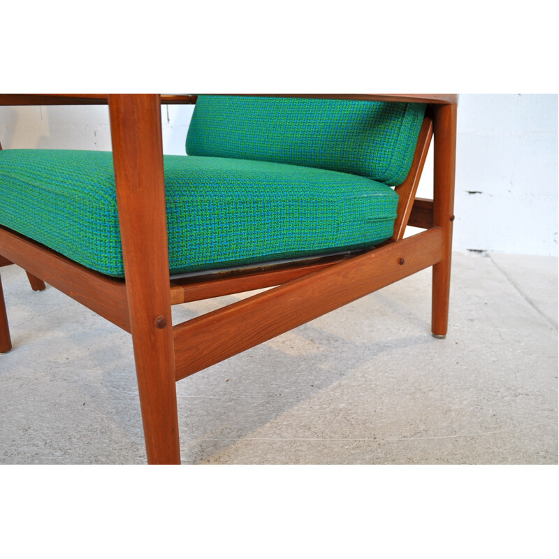 Pair of bleu green "563" armchairs in teak, Hans OLSEN - 1960s