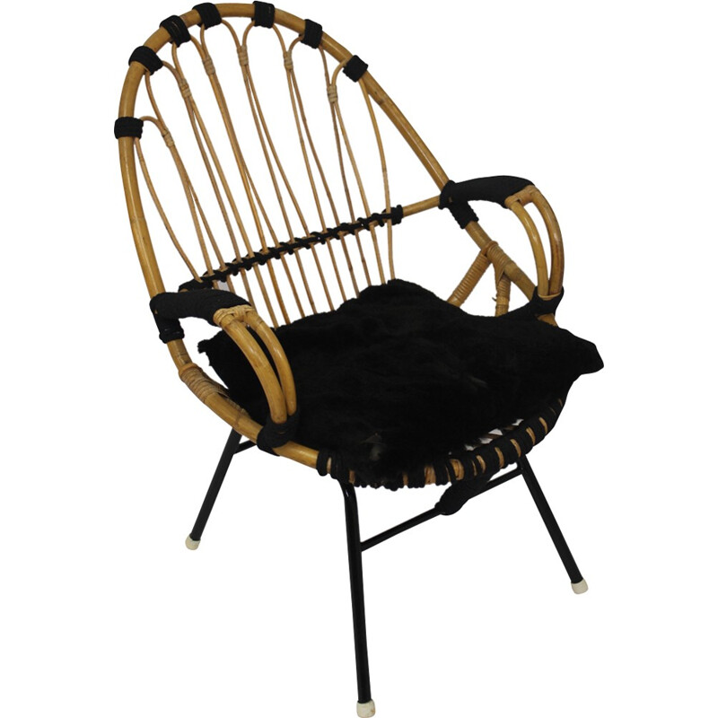 Fauteuil vintage noir en rotin - 1960