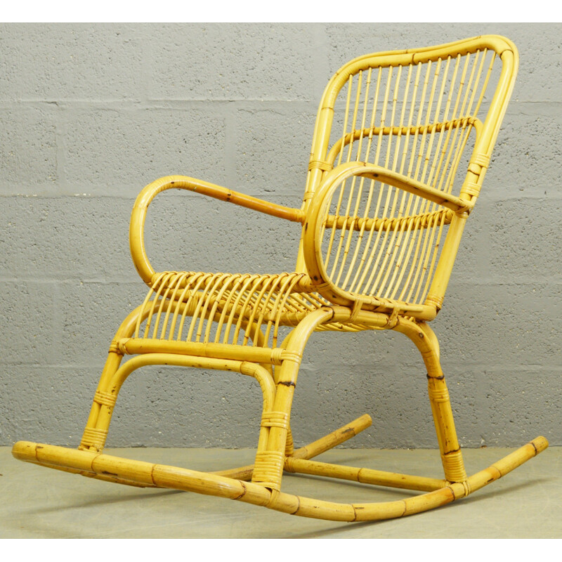 Chaise à bascule vintage en bambou et en rotin - 1960