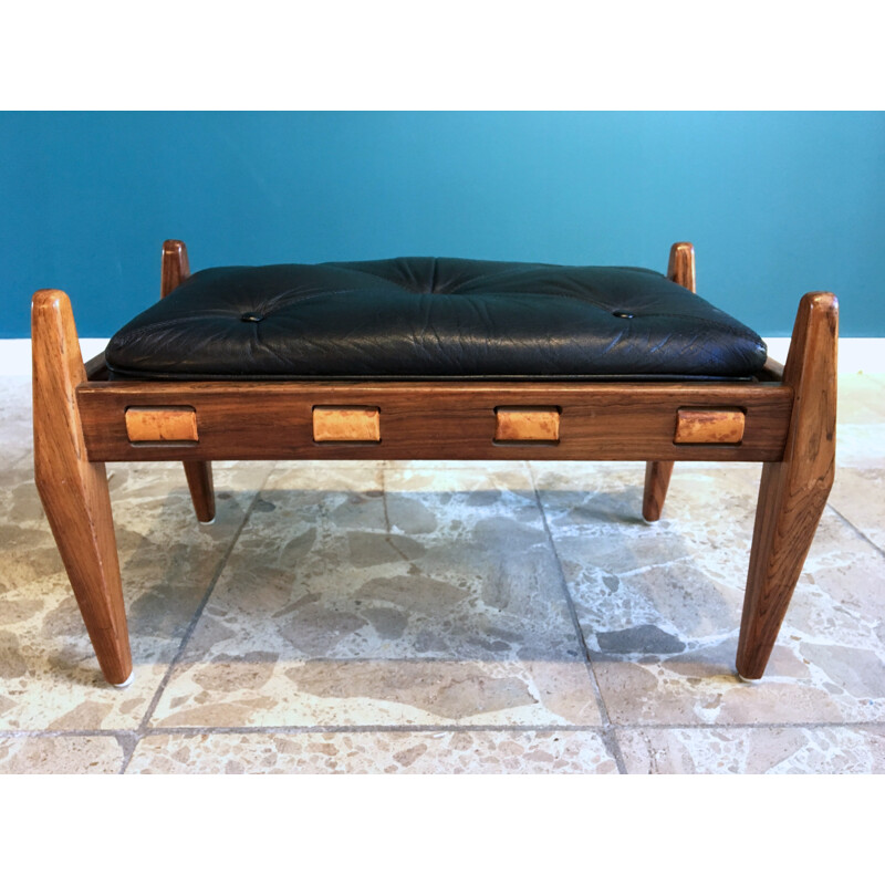 Vintage black leather foot stool - 1960s