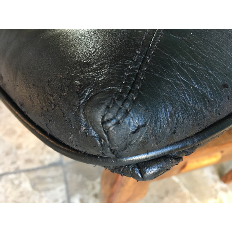 Vintage black leather foot stool - 1960s
