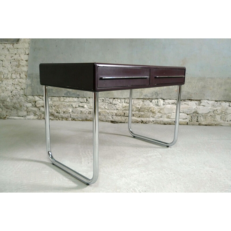 Plasitic and chromed steel dark red desk - 1970s