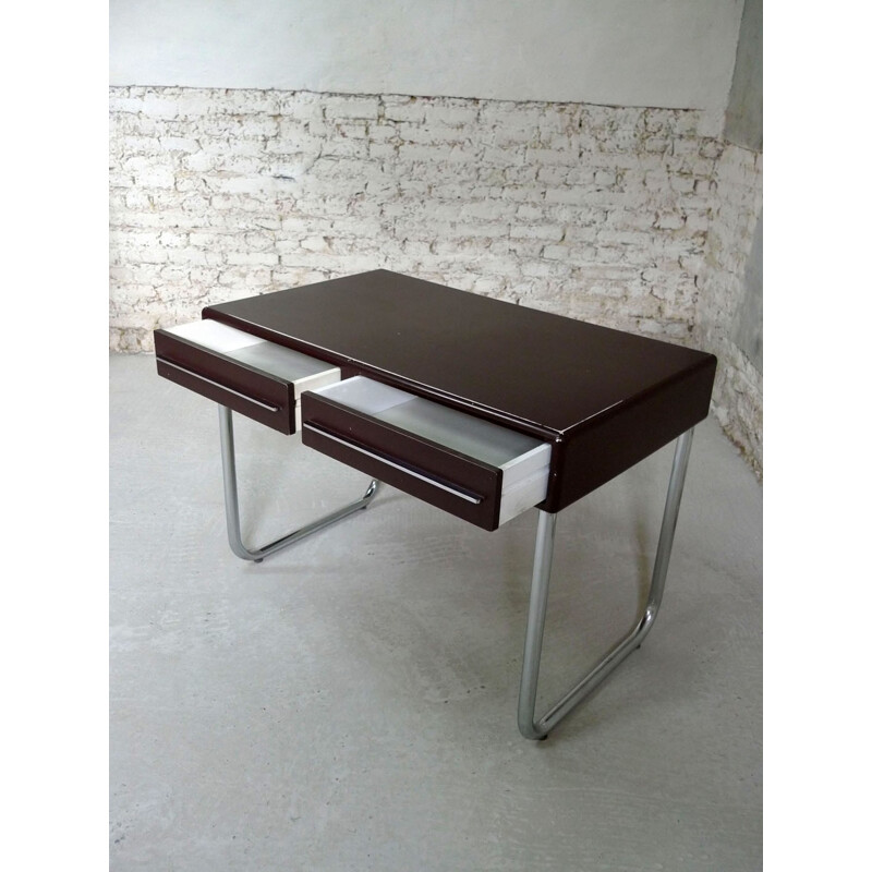 Plasitic and chromed steel dark red desk - 1970s