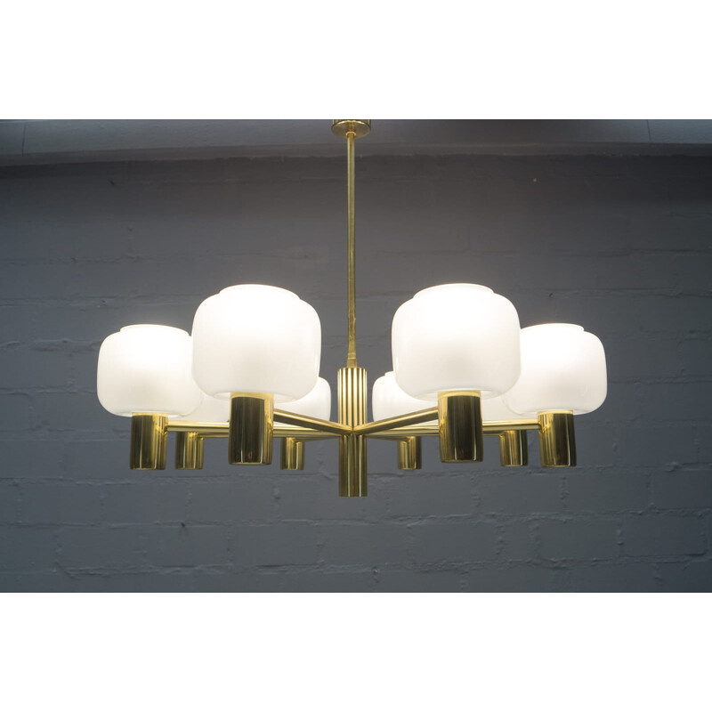 Eight Shade Opaline Glass and Brass Chandelier - 1960s