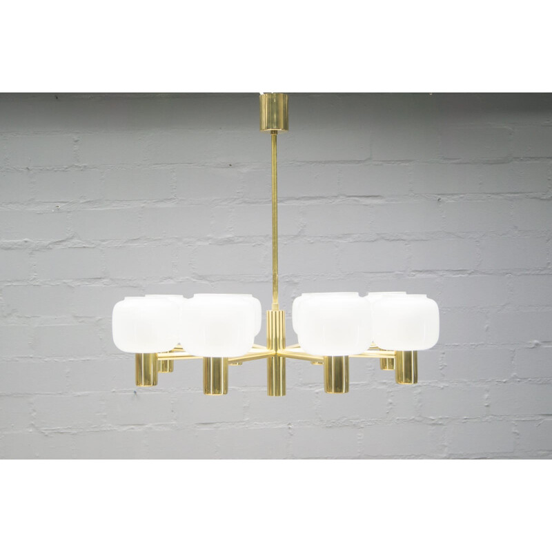 Eight Shade Opaline Glass and Brass Chandelier - 1960s