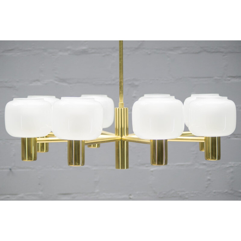 Eight Shade Opaline Glass and Brass Chandelier - 1960s