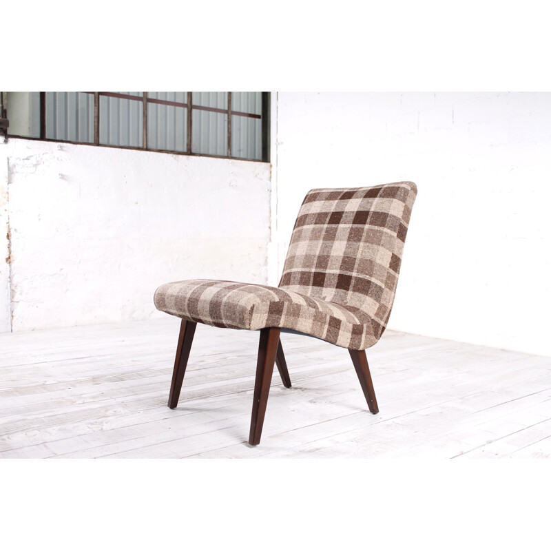 Low chair in a wool plaid fabric and beech by Jens Risom for Knoll Vostra -1950s