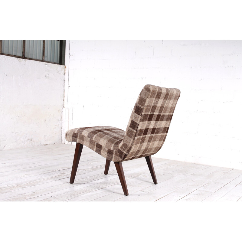 Low chair in a wool plaid fabric and beech by Jens Risom for Knoll Vostra -1950s