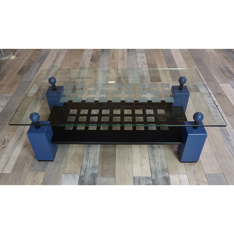 Blue coffee table in metal, glass and wood - 1980s