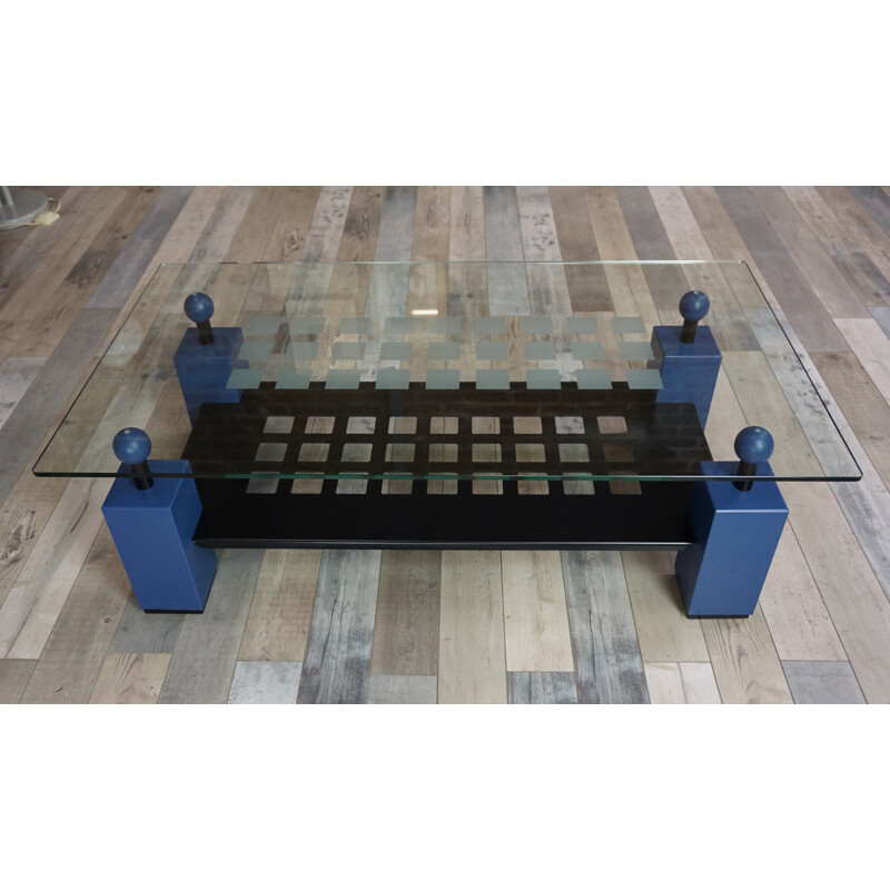 Table basse bleu en métal, verre et en bois - 1980