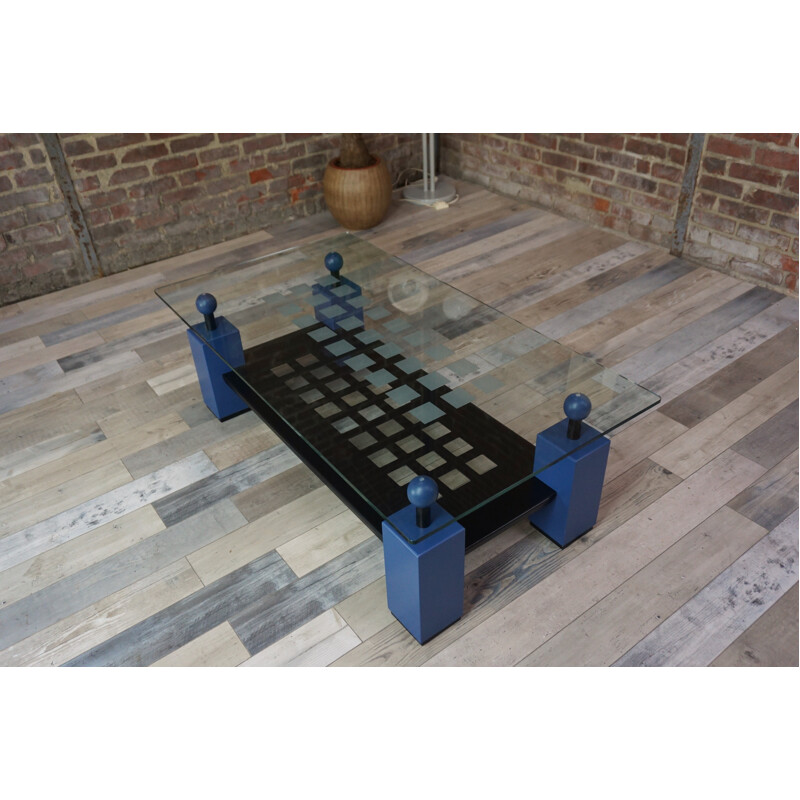 Table basse bleu en métal, verre et en bois - 1980