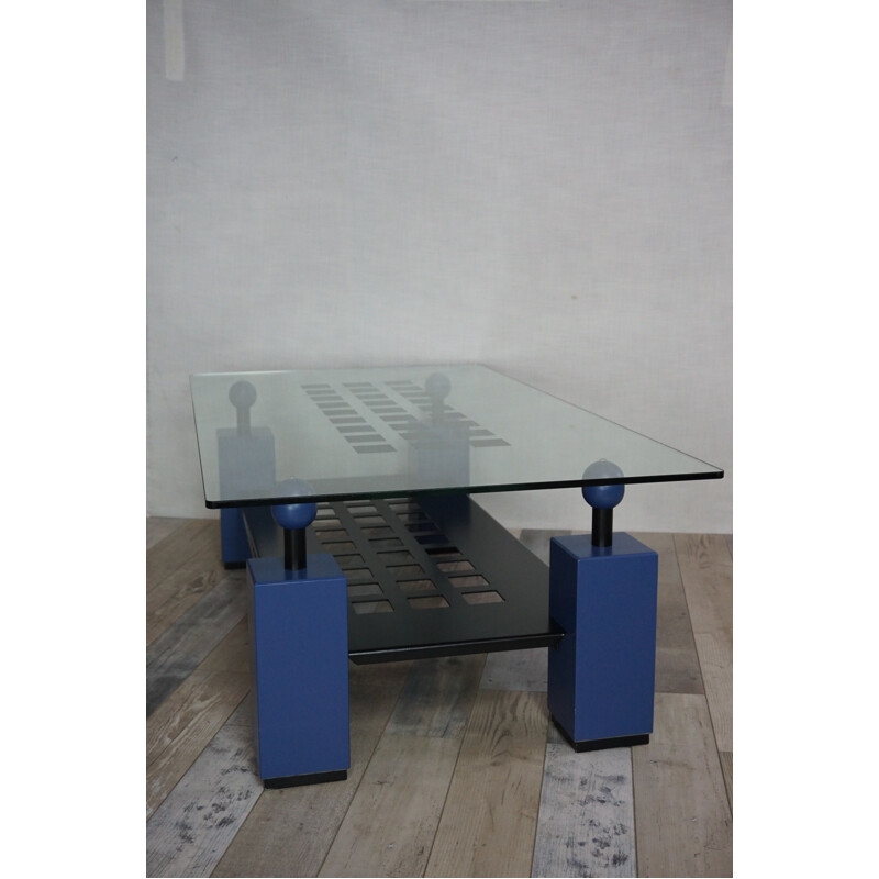 Blue coffee table in metal, glass and wood - 1980s