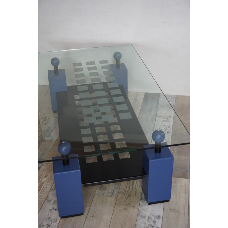 Blue coffee table in metal, glass and wood - 1980s