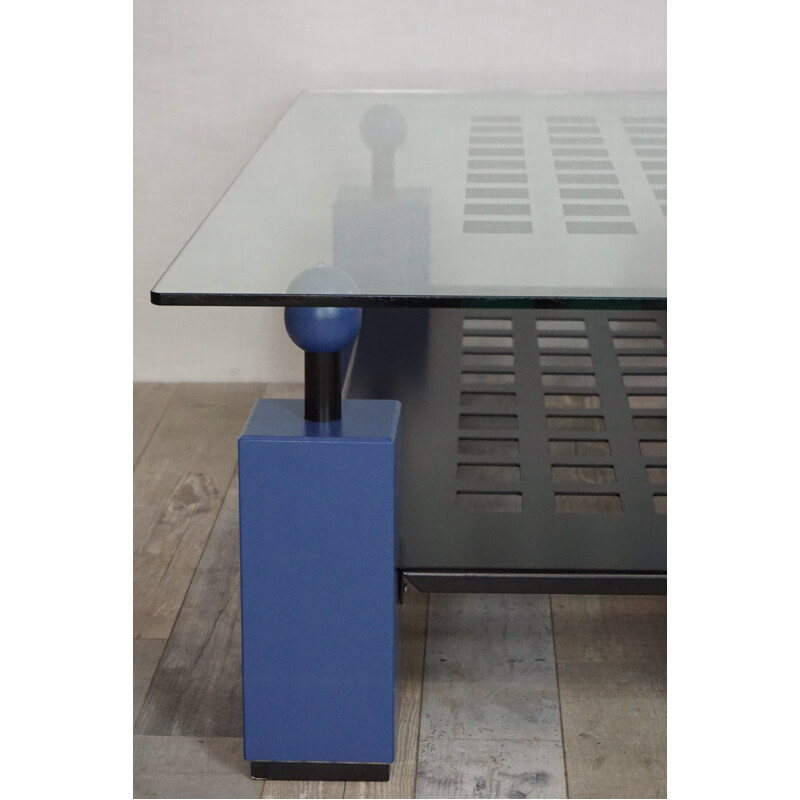 Blue coffee table in metal, glass and wood - 1980s