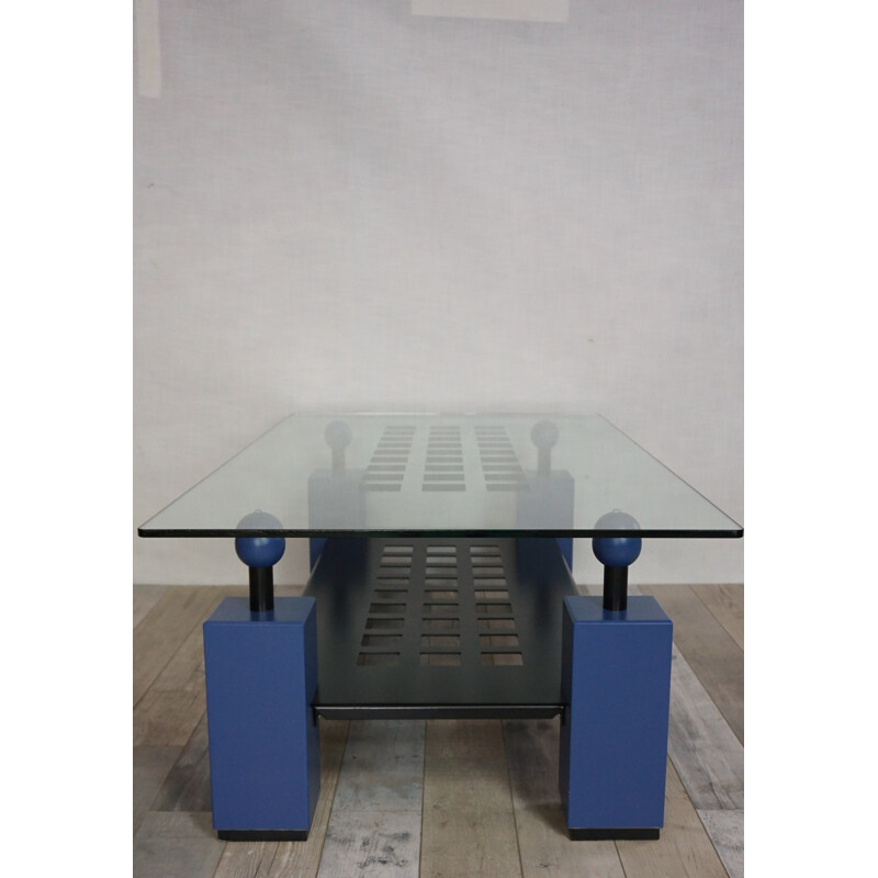 Blue coffee table in metal, glass and wood - 1980s