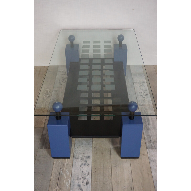 Blue coffee table in metal, glass and wood - 1980s
