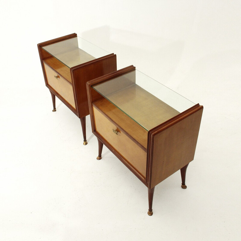 Pair of Italian night stands with glass top - 1950s