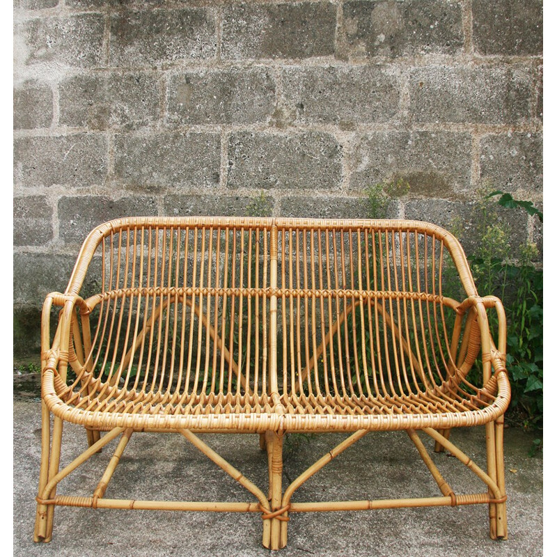 Vintage rattan and wicker bench - 1970s
